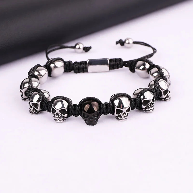 Unisex Skull Beads Gothic Bracelet with Braided Wrap-Black Diamonds New York