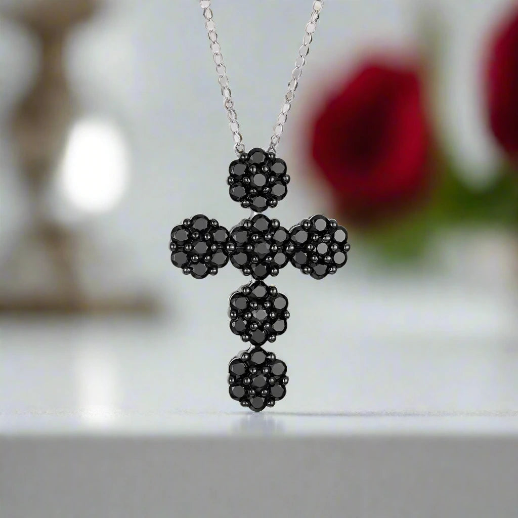 Round-cut Black Spinel Cross Goth Necklace-Black Diamonds New York