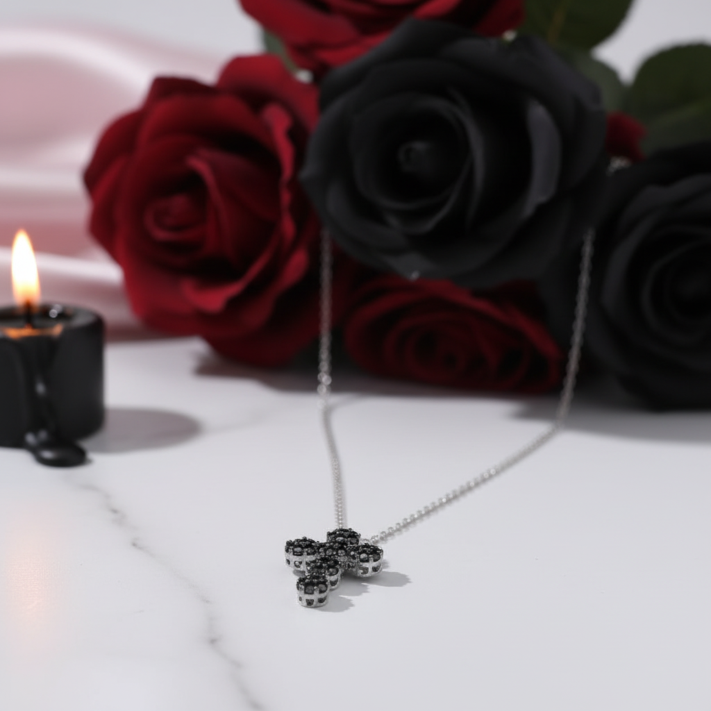 Round-cut Black Spinel Cross Goth Necklace-Black Diamonds New York