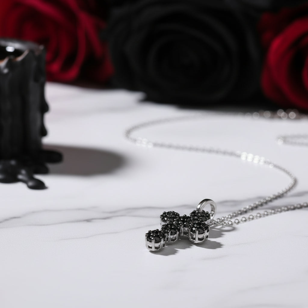 Round-cut Black Spinel Cross Goth Necklace-Black Diamonds New York