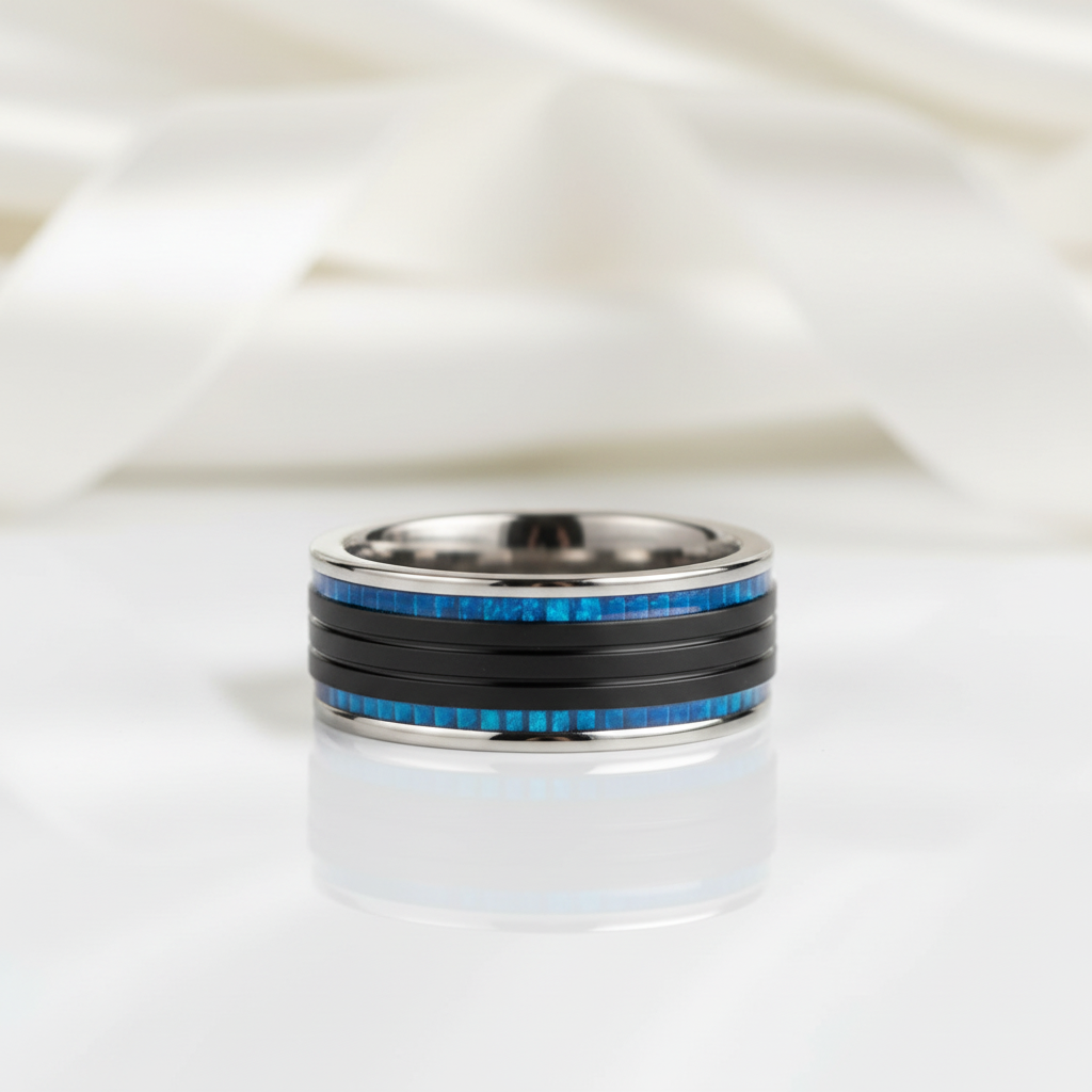 Silver ring with blue and black inlay on a white fabric background