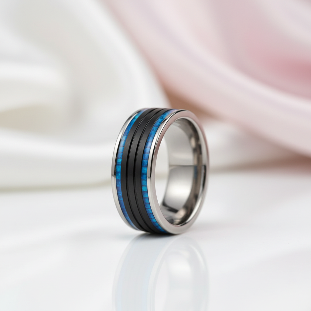 Black Space with Blue Inlay Titanium Steel Ring-Black Diamonds New York