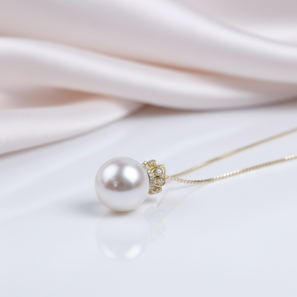 Pearl necklace with gold chain on a soft pink fabric background