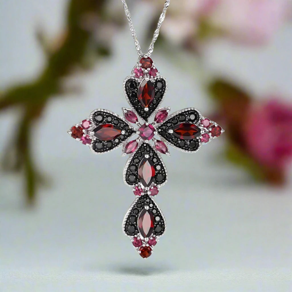 Created Rhodolite Garnet & Black Spinel Cross Bohemian Pendant Necklace-Black Diamonds New York