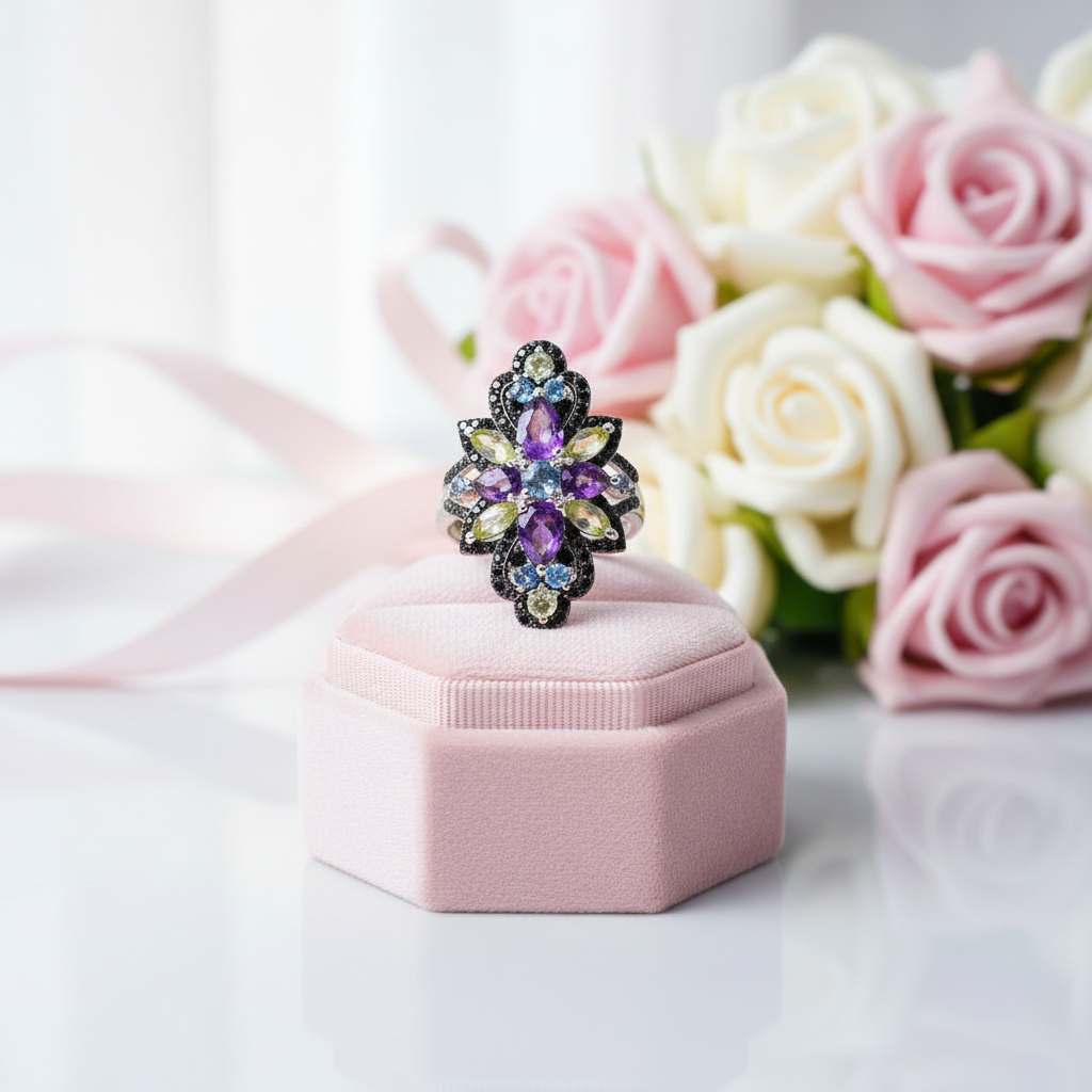 Unique Multicolor Gemstones Black Vintage Ring-Black Diamonds New York