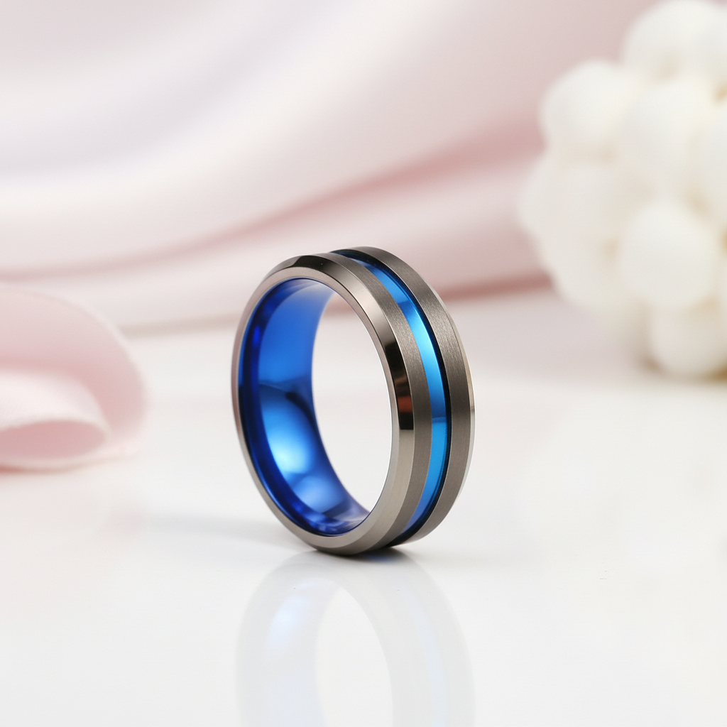 Matte Brown with Blue Groove Tungsten Carbide Ring-Black Diamonds New York