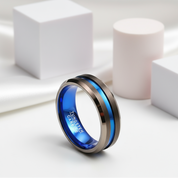 Matte Brown with Blue Groove Tungsten Carbide Ring-Black Diamonds New York