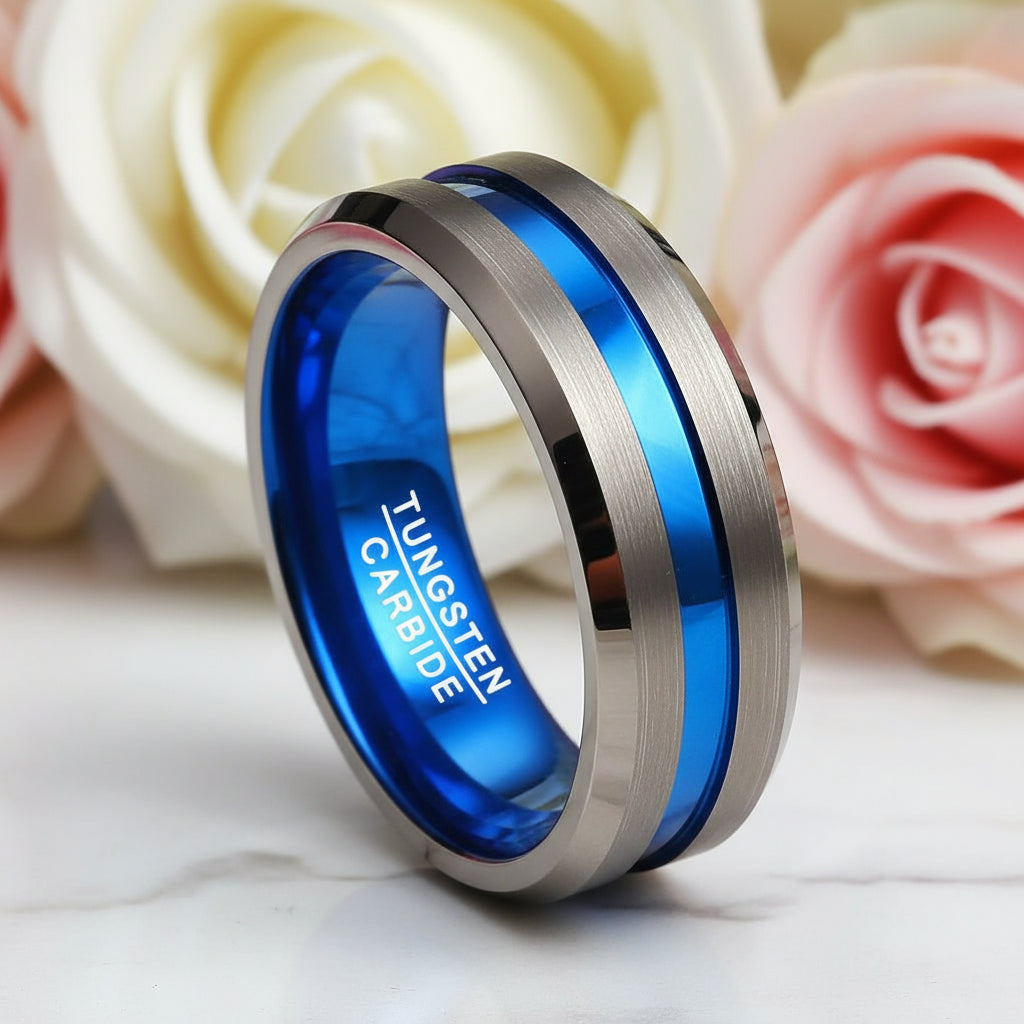 Matte Brown with Blue Groove Tungsten Carbide Ring-Black Diamonds New York