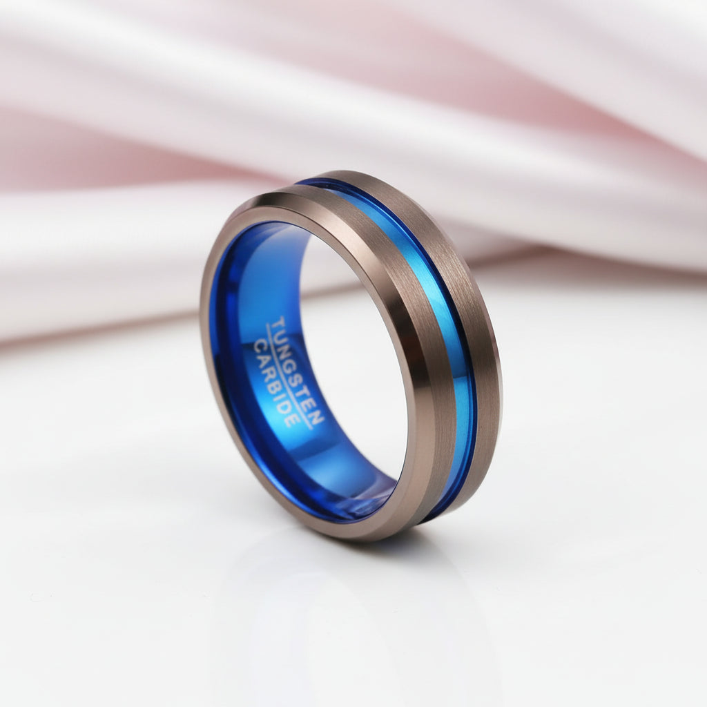 Matte Brown with Blue Groove Tungsten Carbide Ring-Black Diamonds New York