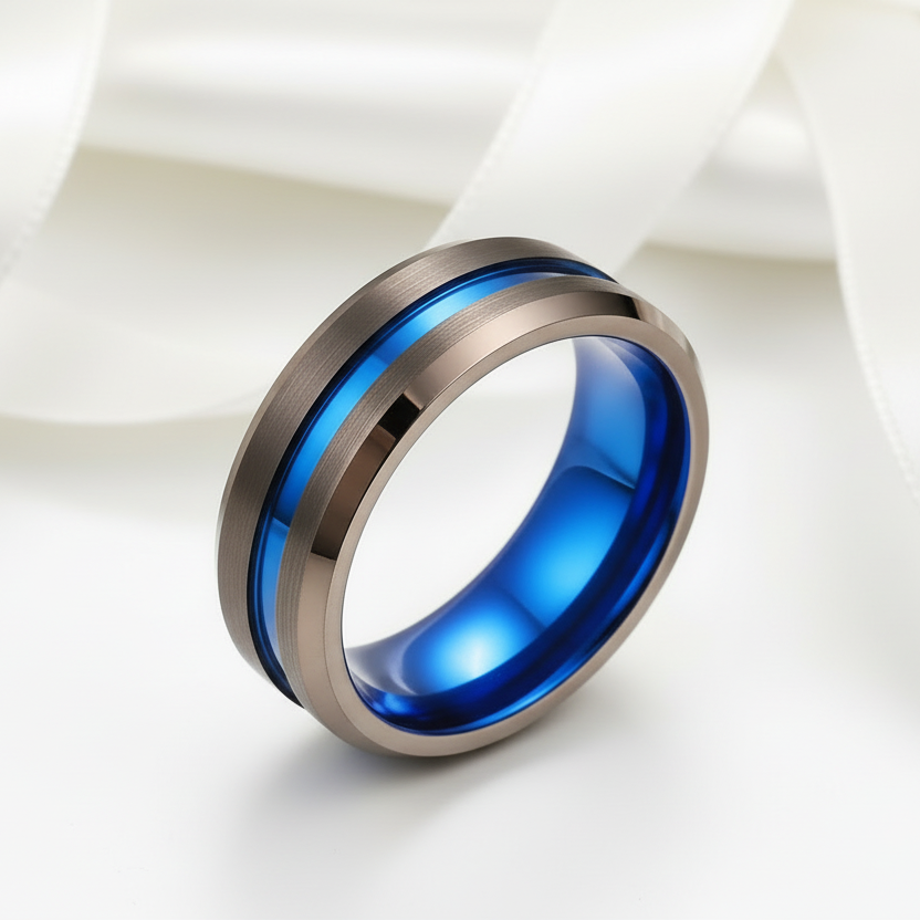 Matte Brown with Blue Groove Tungsten Carbide Ring-Black Diamonds New York