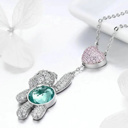Heart And Cute Bear Pendant Necklace with Pink Diamond-Black Diamonds New York