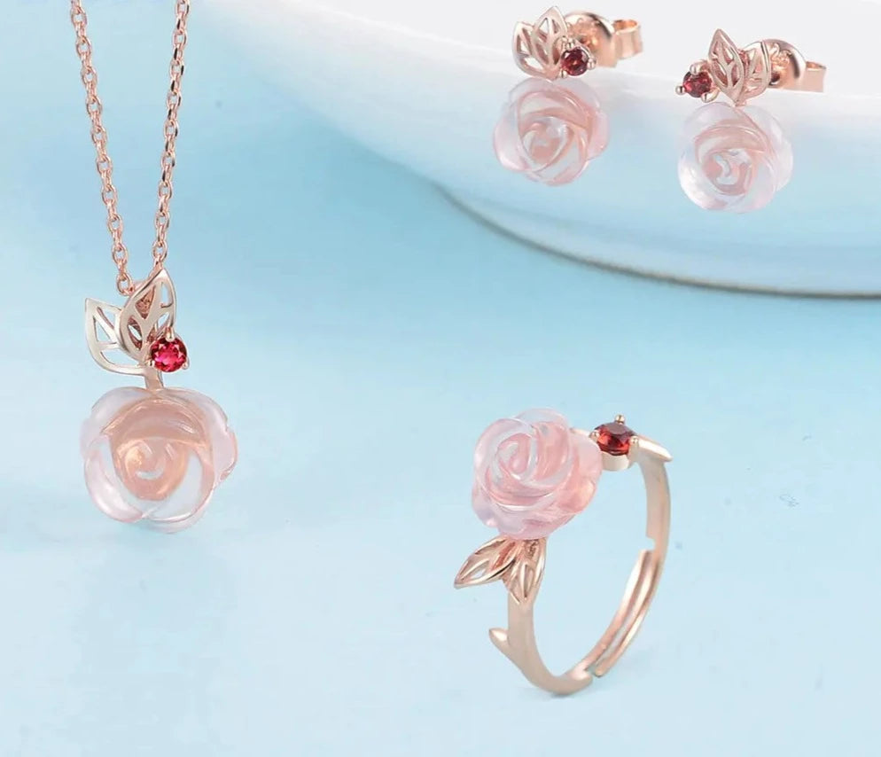 Exquisite Rose Flower Jewelry Set with Red Quartz Stone-Black Diamonds New York