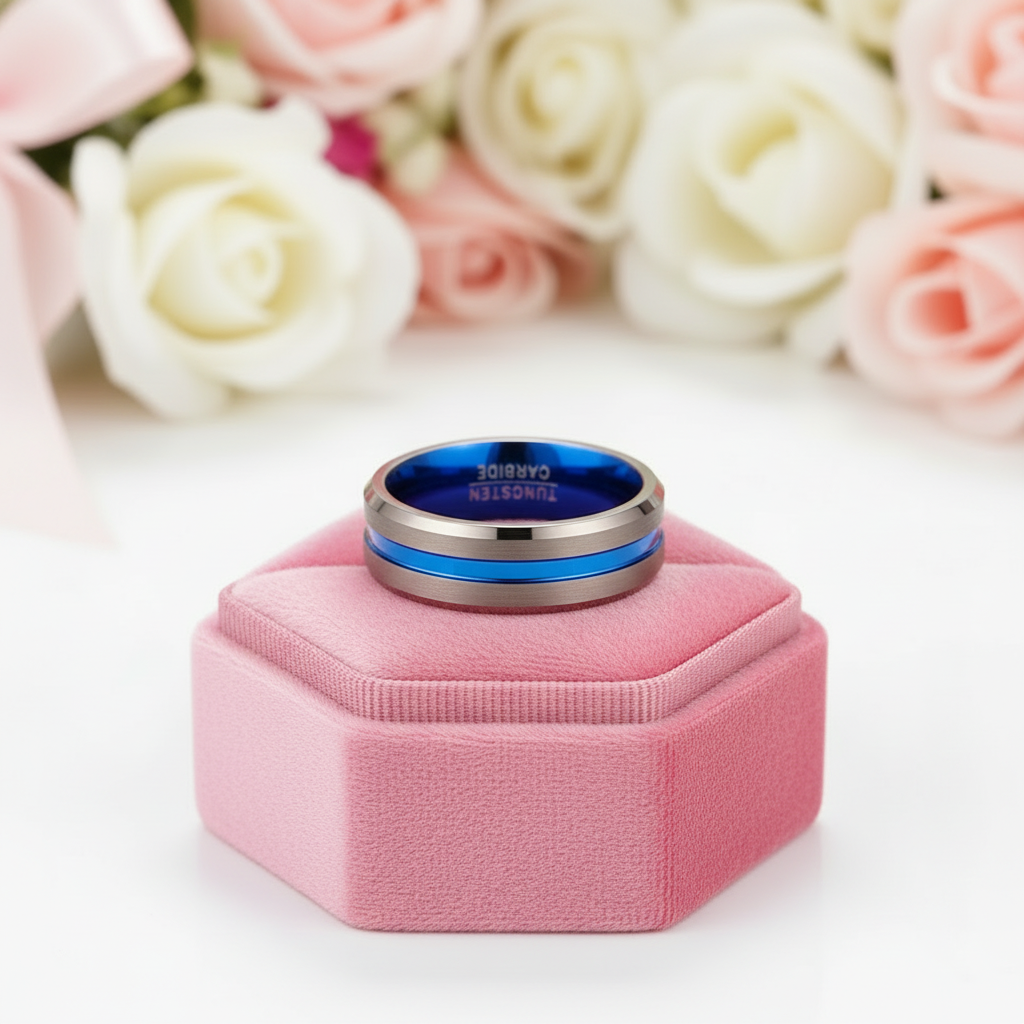 Matte Brown with Blue Groove Tungsten Carbide Ring-Black Diamonds New York