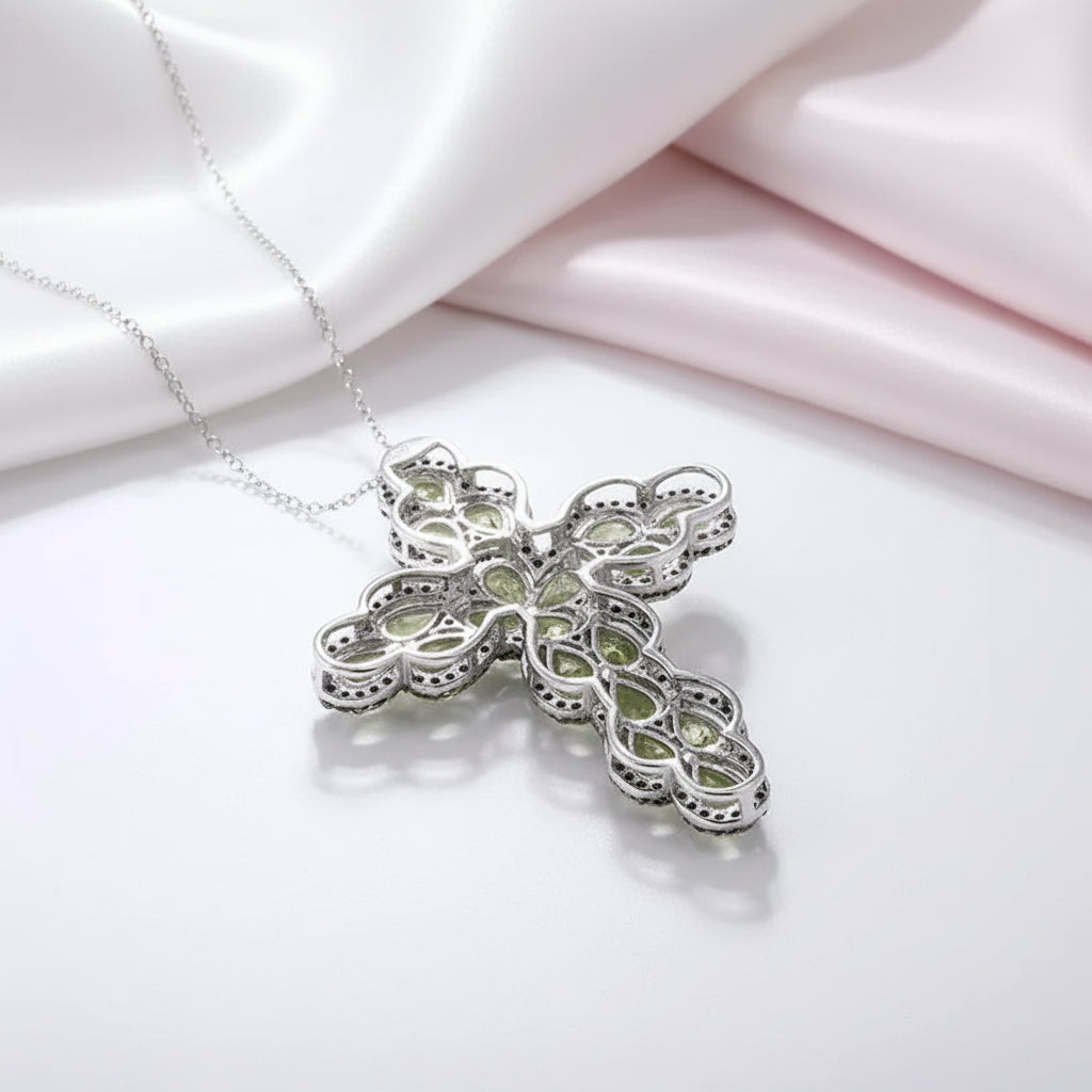 Pear-cut Peridot with Black Spinel Cross Pendant Necklace-Black Diamonds New York