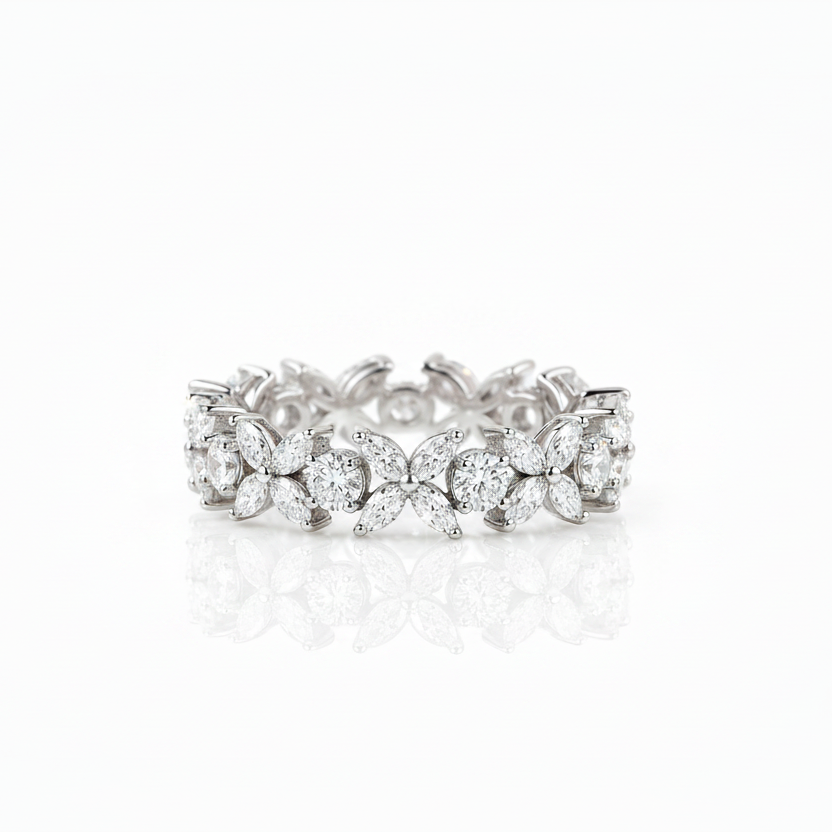 Half Eternity Diamond Option Flower Wedding Band-Black Diamonds New York