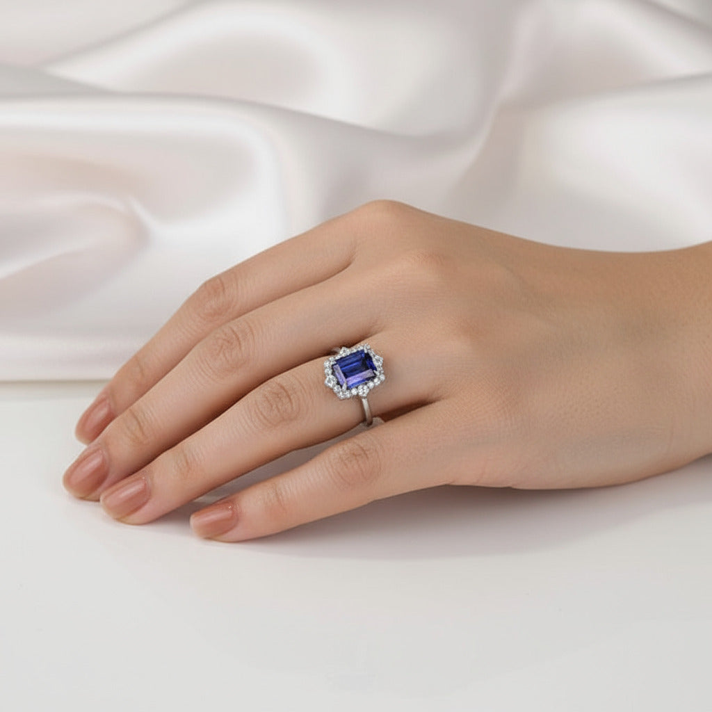 Halo Blue Sapphire Emerald Cut Wedding Ring Set-Black Diamonds New York