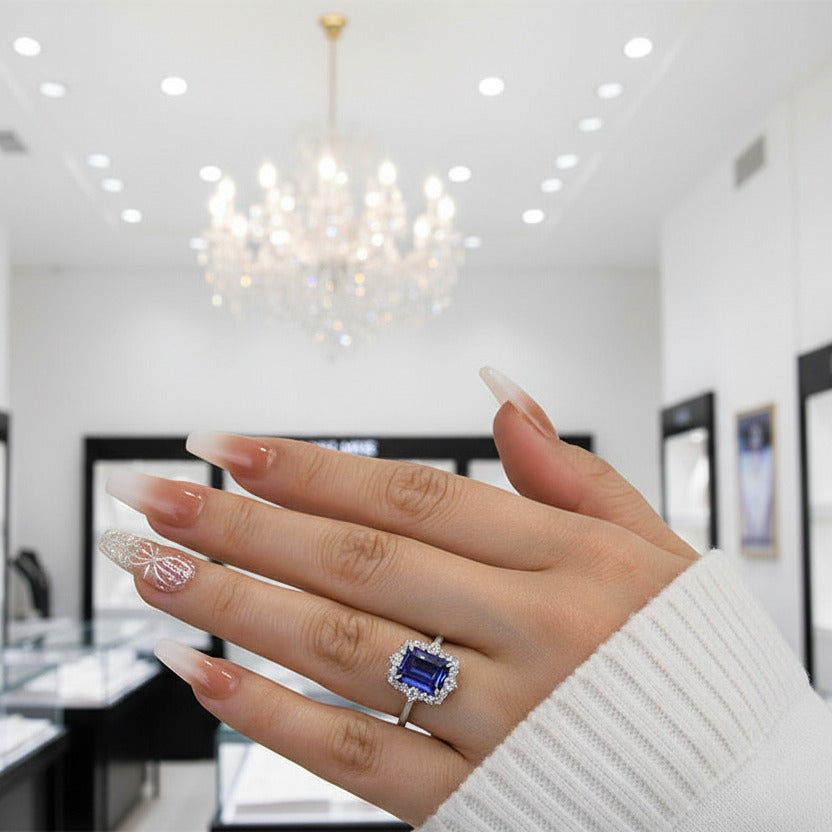 Halo Blue Sapphire Emerald Cut Wedding Ring Set-Black Diamonds New York