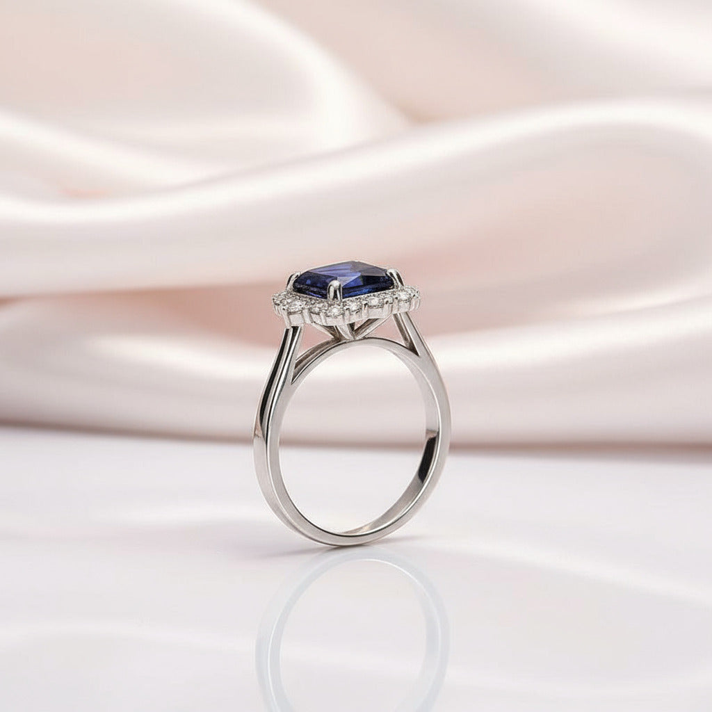 Halo Blue Sapphire Emerald Cut Wedding Ring Set – Black Diamonds