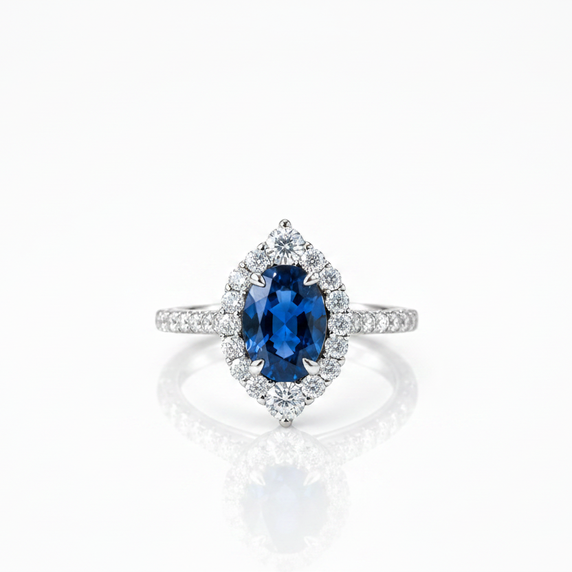 Halo Oval Cut Blue Sapphire Engagement Ring-Black Diamonds New York