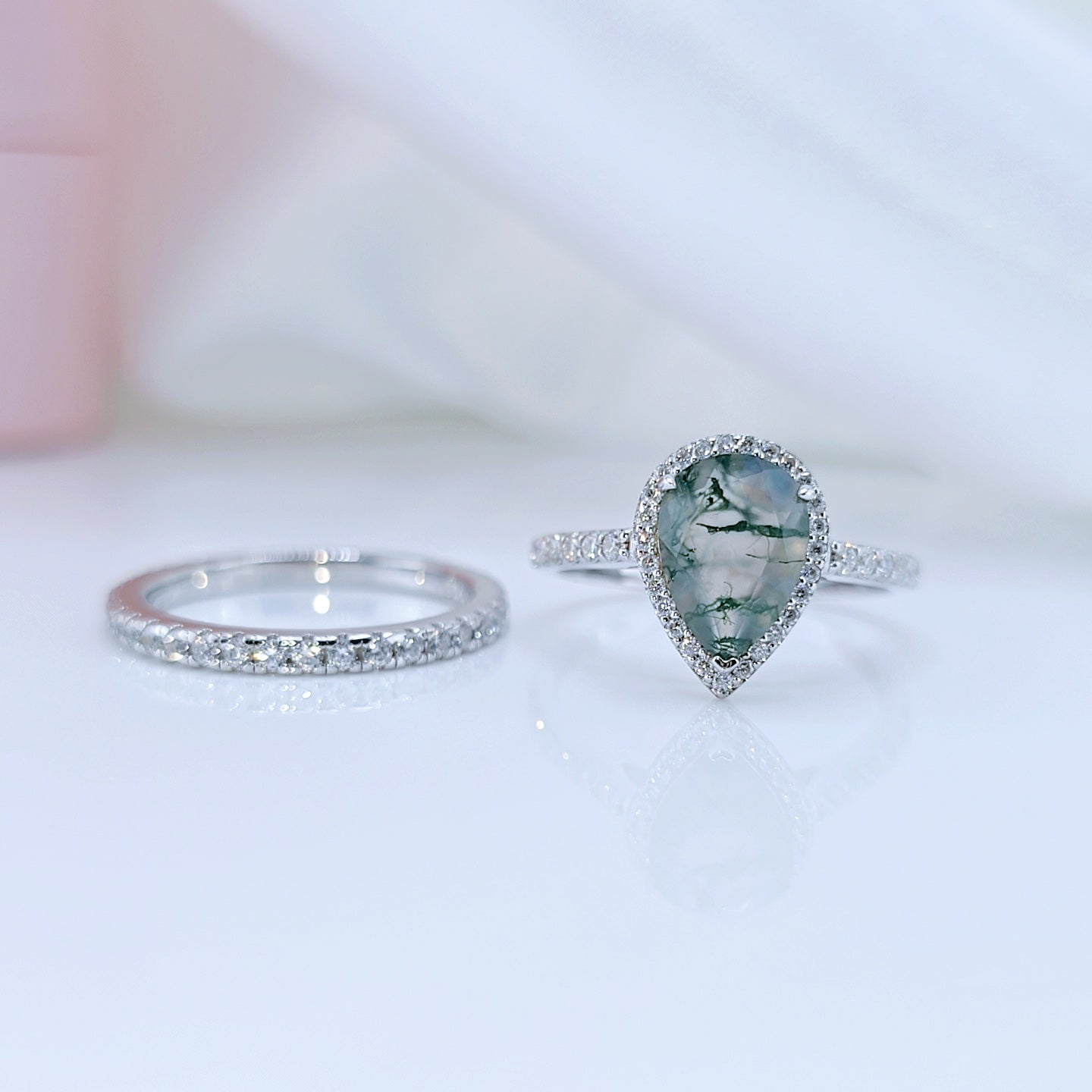 Halo Pear Cut Natural Moss Agate Wedding Ring Set-Black Diamonds New York