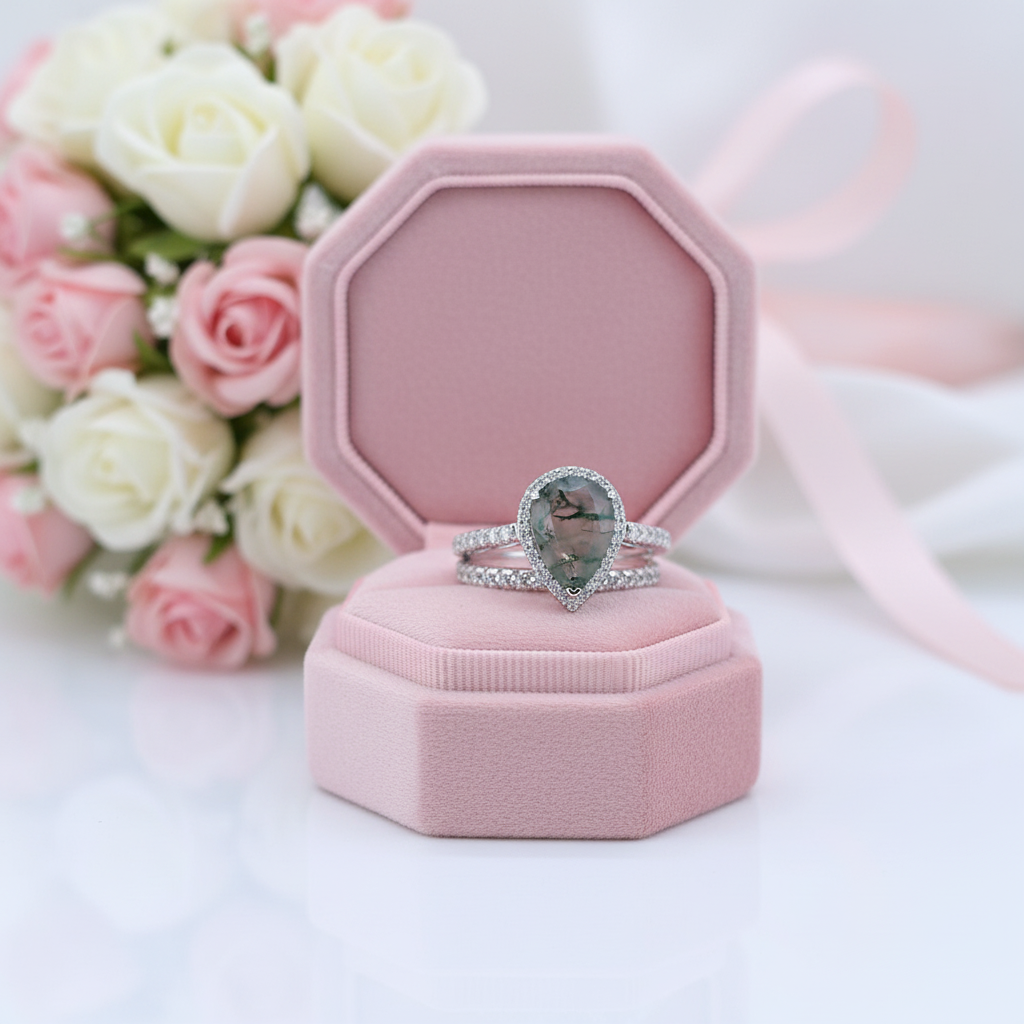 Two rings in a pink jewelry box with flowers in the background