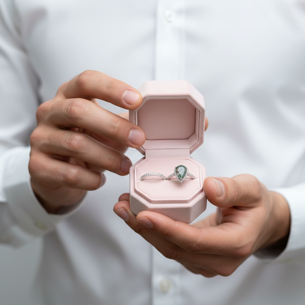 Person holding a pink jewelry box with a ring featuring a green gemstone.