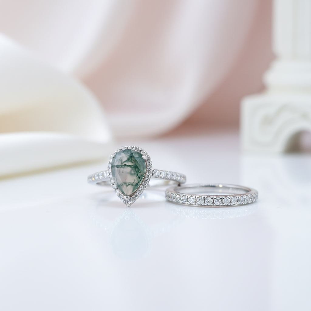 Two silver rings with gemstones on a soft white background