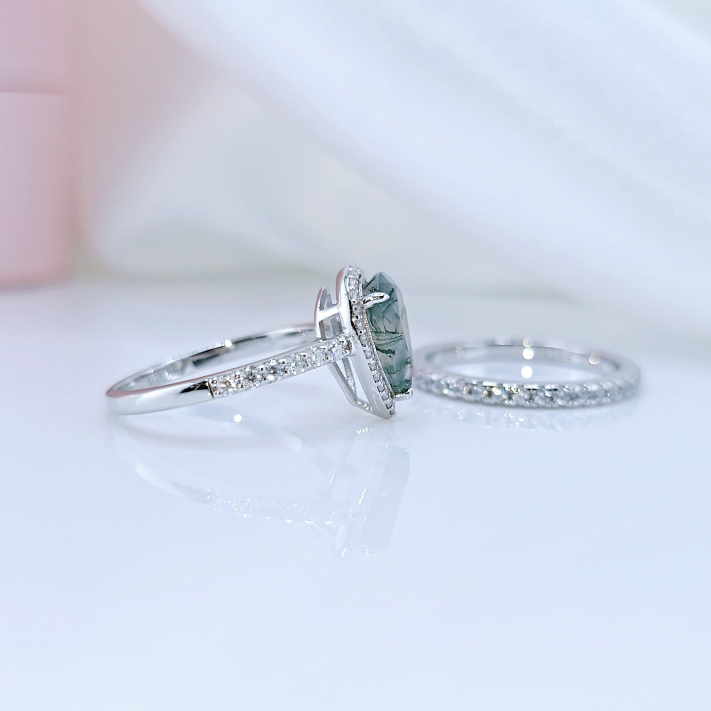 Halo Pear Cut Natural Moss Agate Wedding Ring Set-Black Diamonds New York