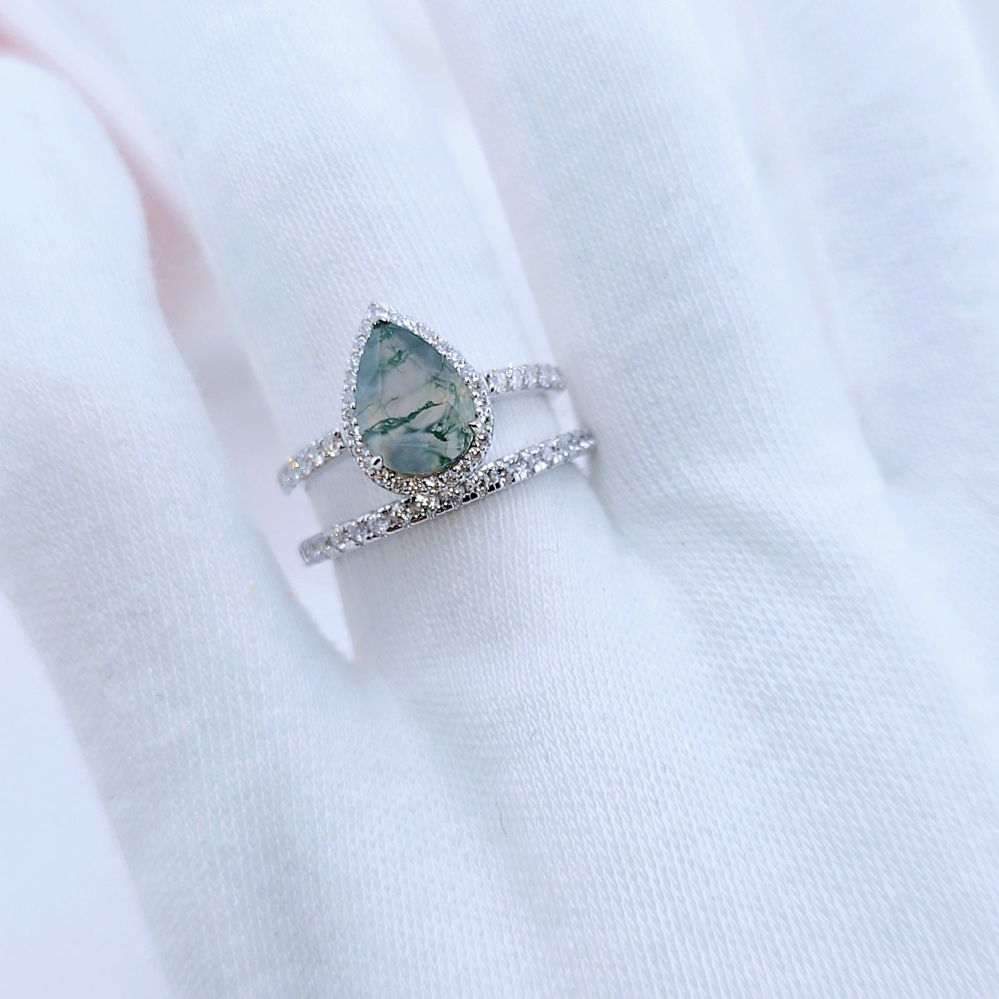 Halo Pear Cut Natural Moss Agate Wedding Ring Set-Black Diamonds New York
