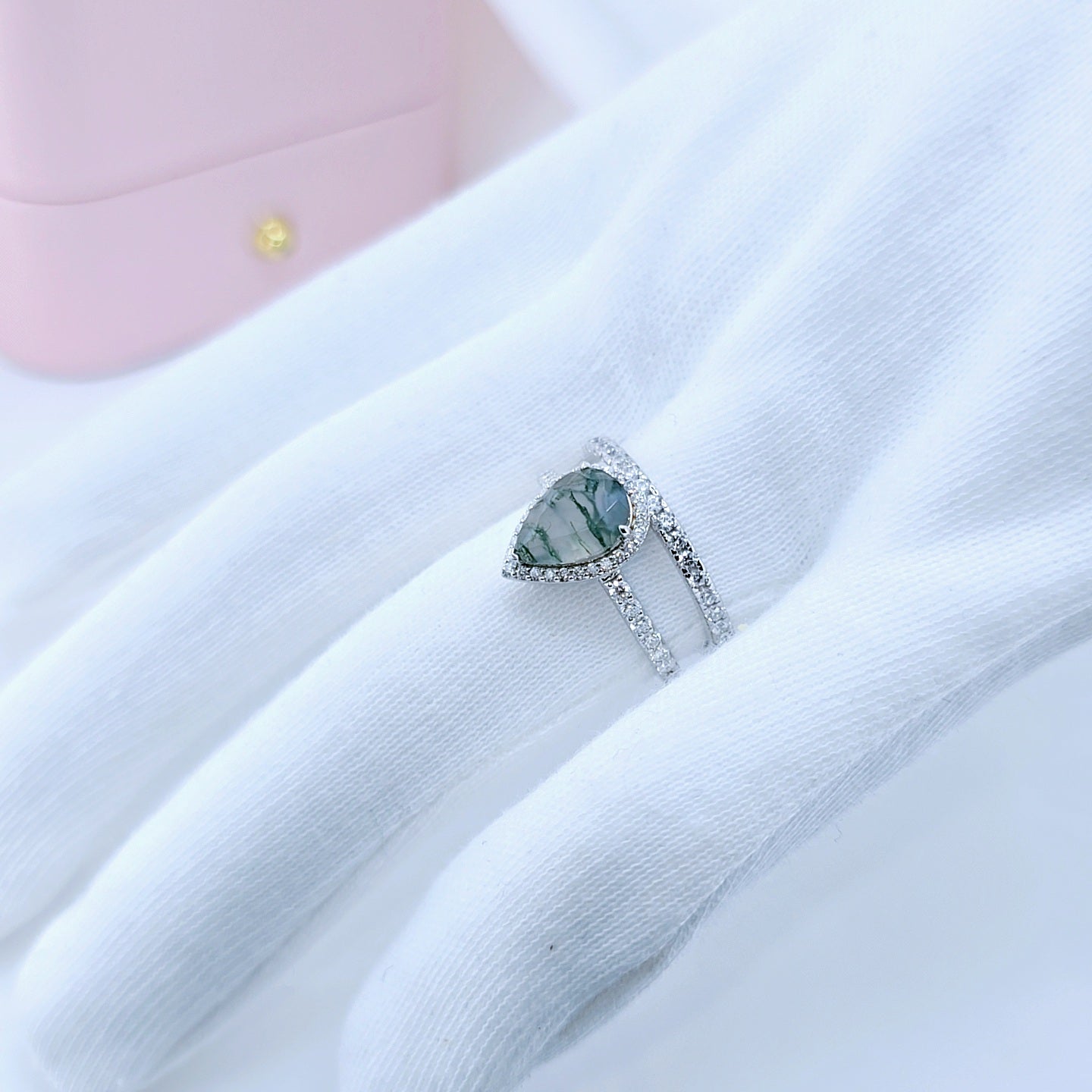 Halo Pear Cut Natural Moss Agate Wedding Ring Set-Black Diamonds New York