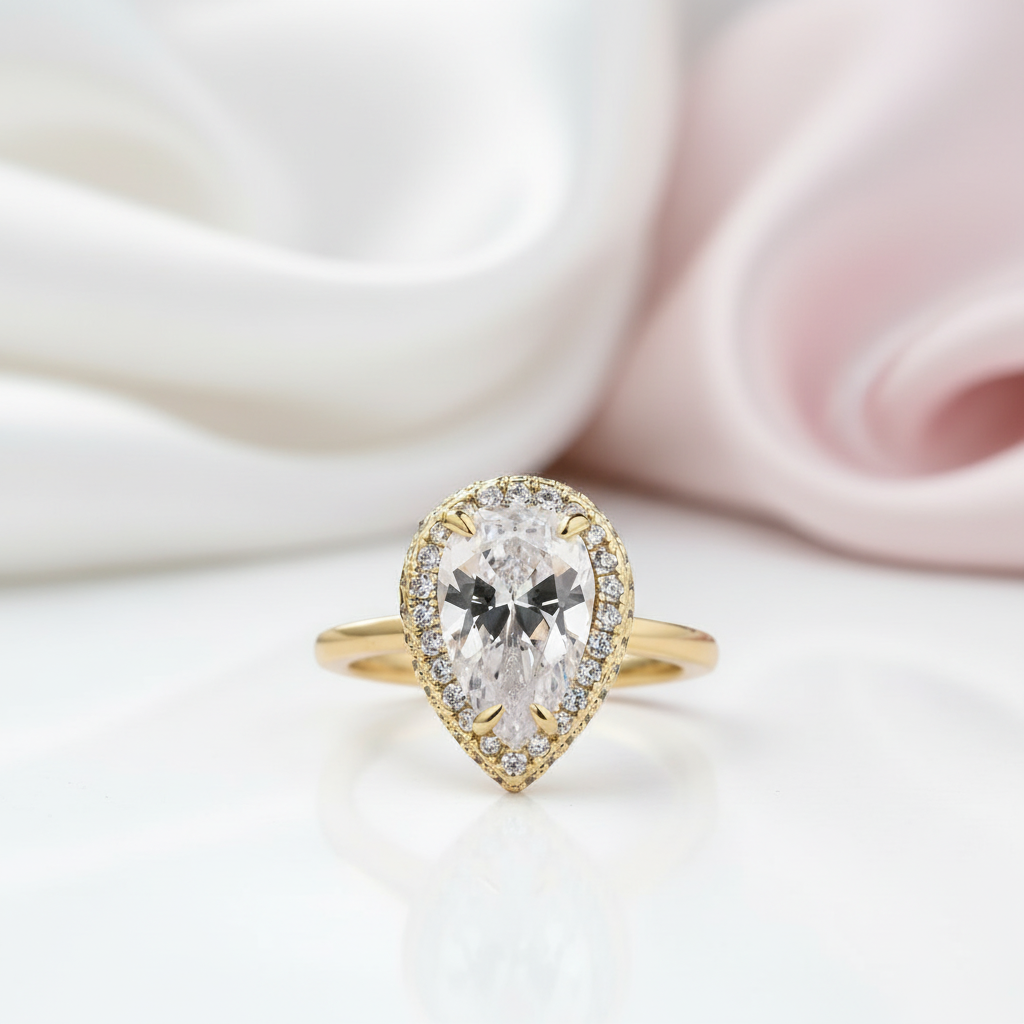 Halo Pear Cut Solitaire Yellow Gold Engagement Ring-Black Diamonds New York