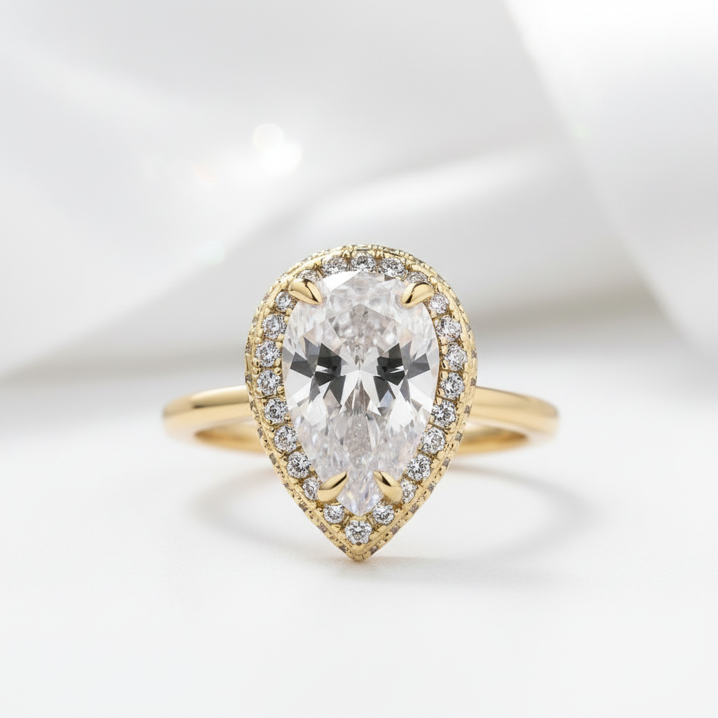 Halo Pear Cut Solitaire Yellow Gold Engagement Ring-Black Diamonds New York