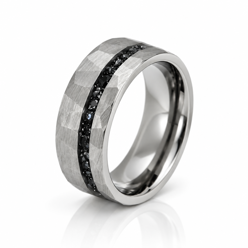 Hammered Tungsten Wedding Band with Fragment Opal Inlay-Black Diamonds New York