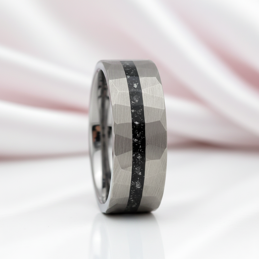 Hammered Tungsten Wedding Band with Fragment Opal Inlay-Black Diamonds New York