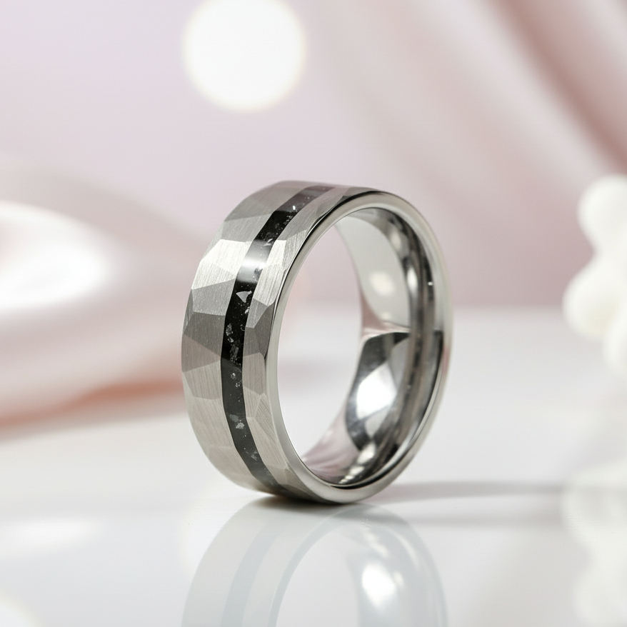 Hammered Tungsten Wedding Band with Fragment Opal Inlay-Black Diamonds New York