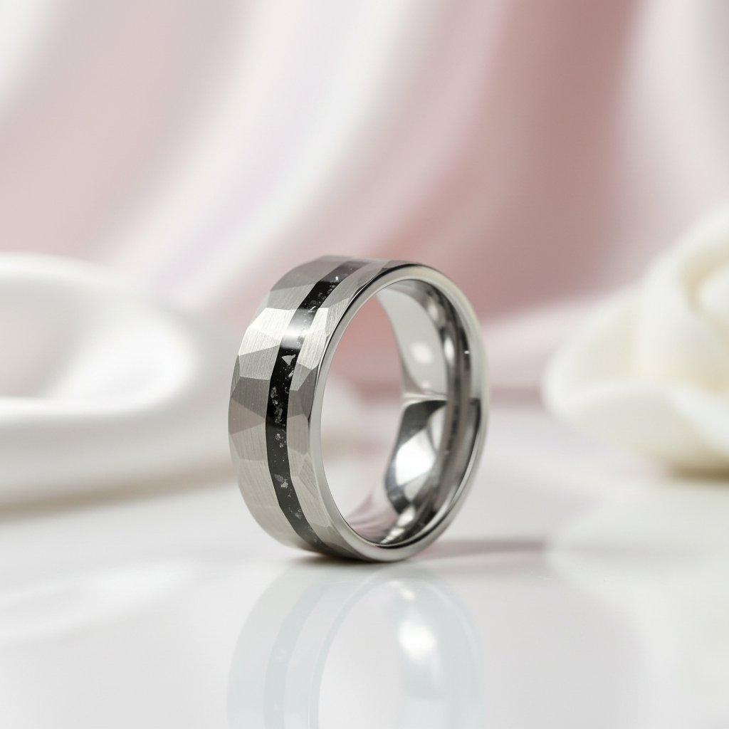 Hammered Tungsten Wedding Band with Fragment Opal Inlay-Black Diamonds New York