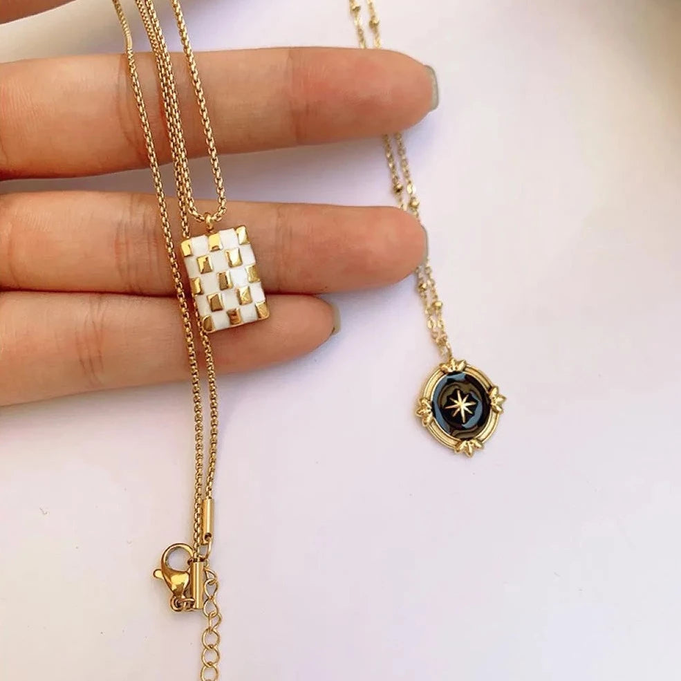 Gorgeous Checkerboard Women's Pendant Necklace-Black Diamonds New York