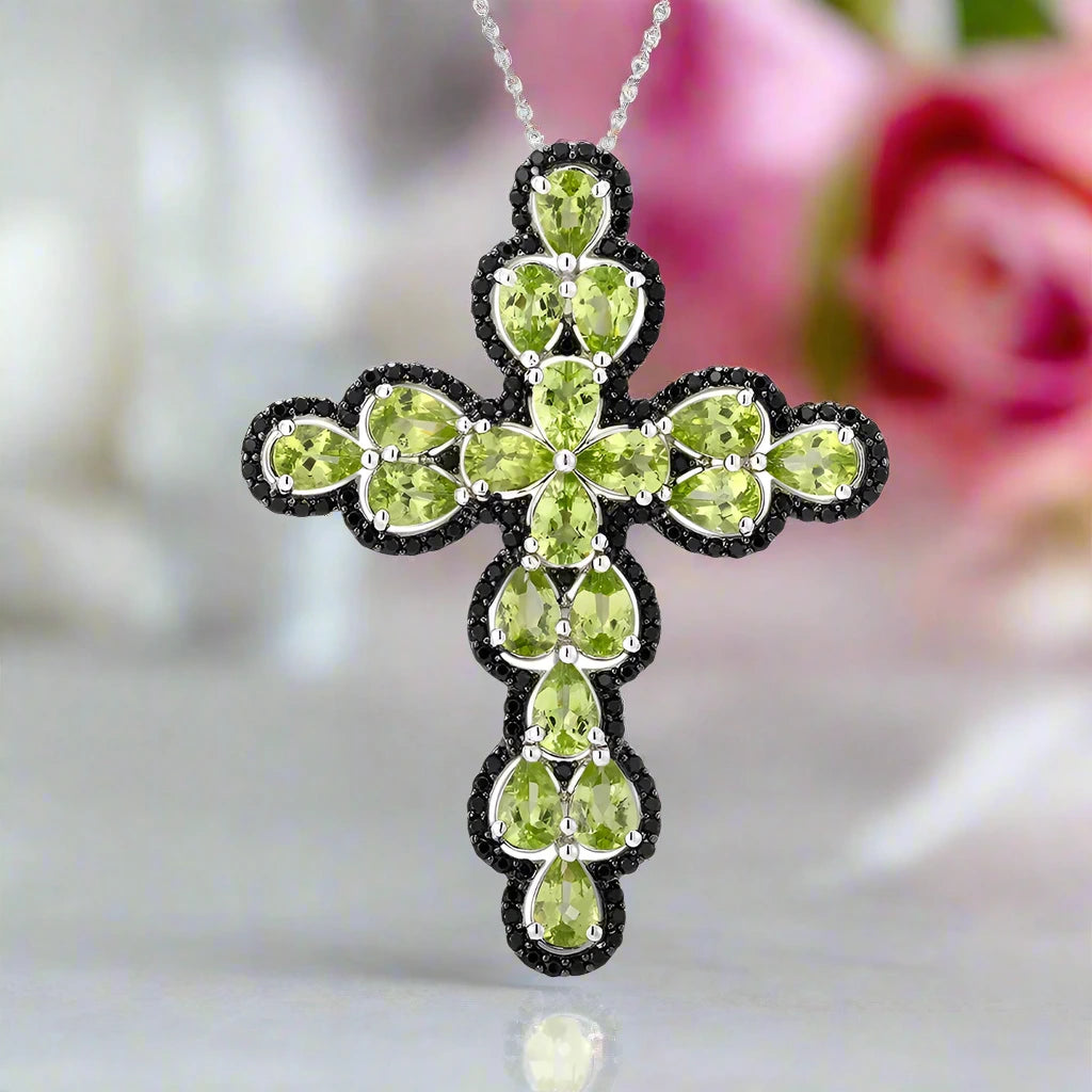 Pear-cut Peridot with Black Spinel Cross Pendant Necklace-Black Diamonds New York