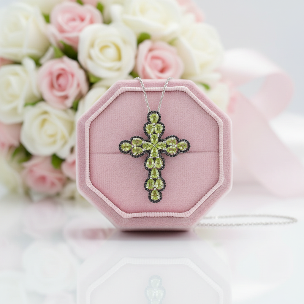 Pear-cut Peridot with Black Spinel Cross Pendant Necklace-Black Diamonds New York