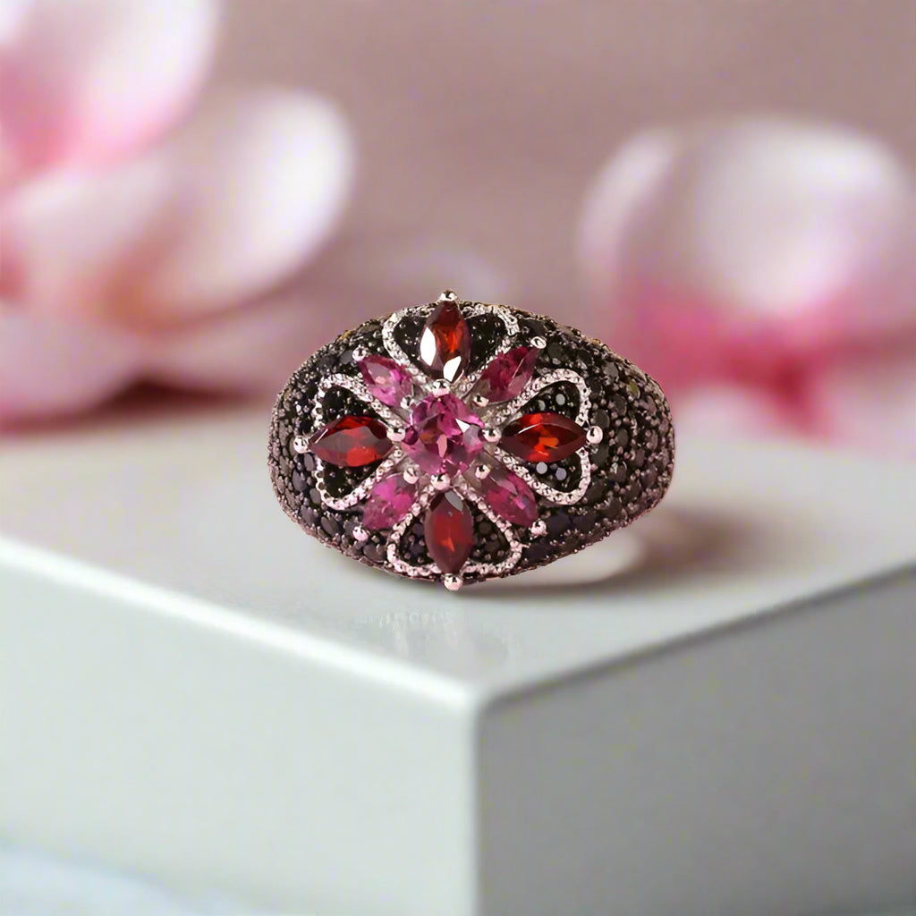 Marquise-cut Natural Rhodolite Garnet Bohemian Ring-Black Diamonds New York
