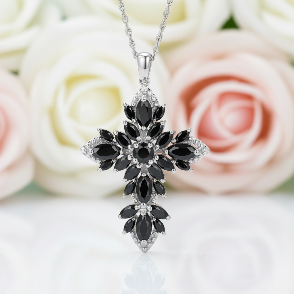 Marquise-cut Black Spinel Spiky Cross Necklace-Black Diamonds New York