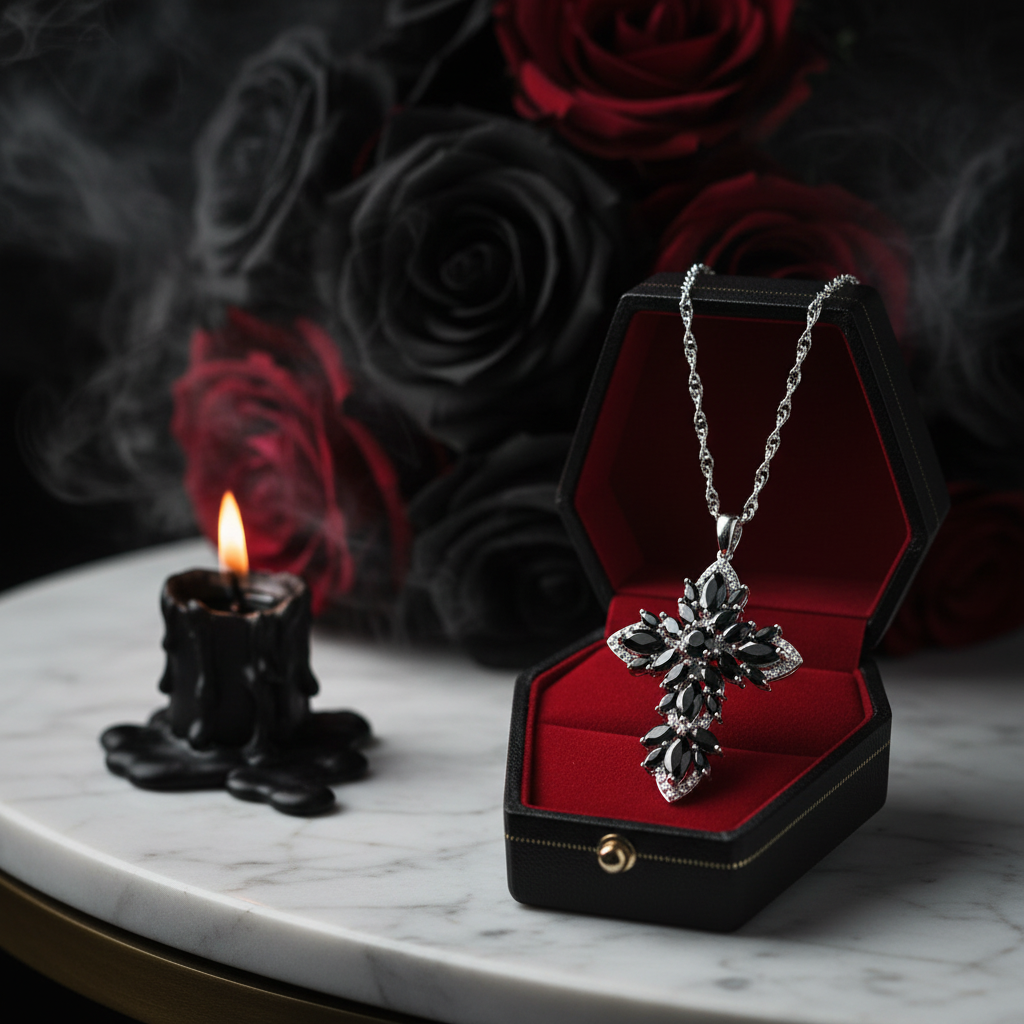 Marquise-cut Black Spinel Spiky Cross Necklace-Black Diamonds New York