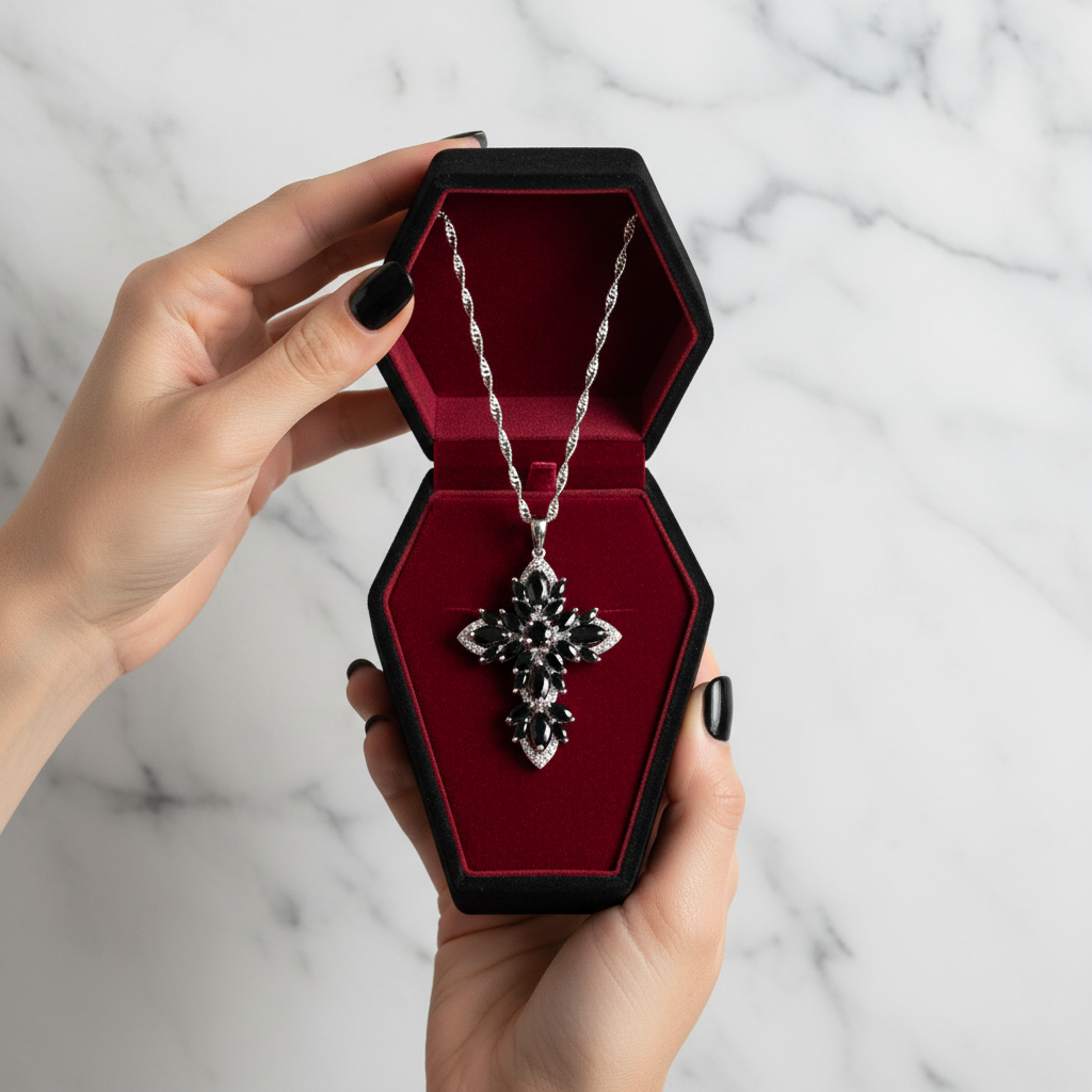 Marquise-cut Black Spinel Spiky Cross Necklace-Black Diamonds New York
