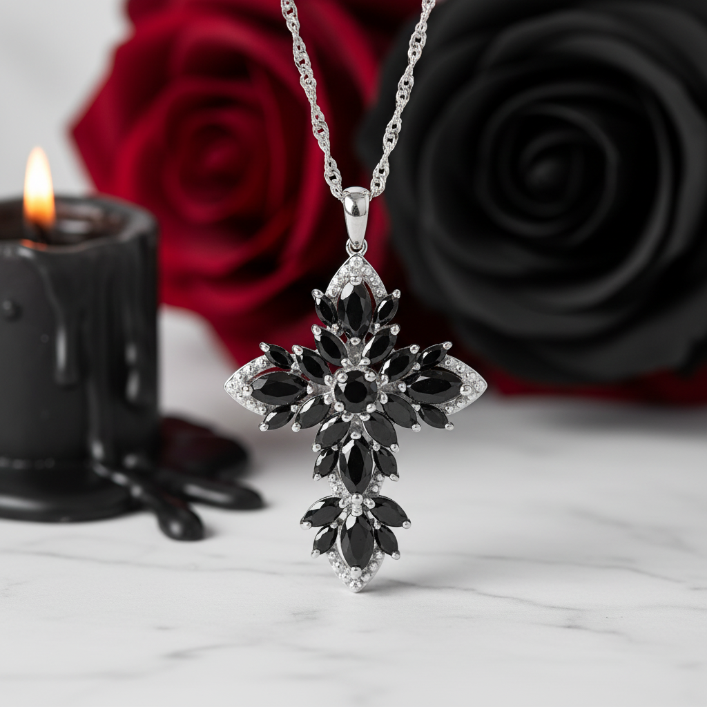 Marquise-cut Black Spinel Spiky Cross Necklace-Black Diamonds New York