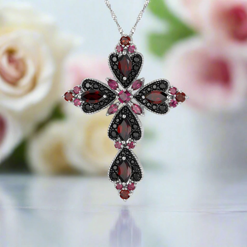 Created Rhodolite Garnet & Black Spinel Cross Bohemian Pendant Necklace-Black Diamonds New York