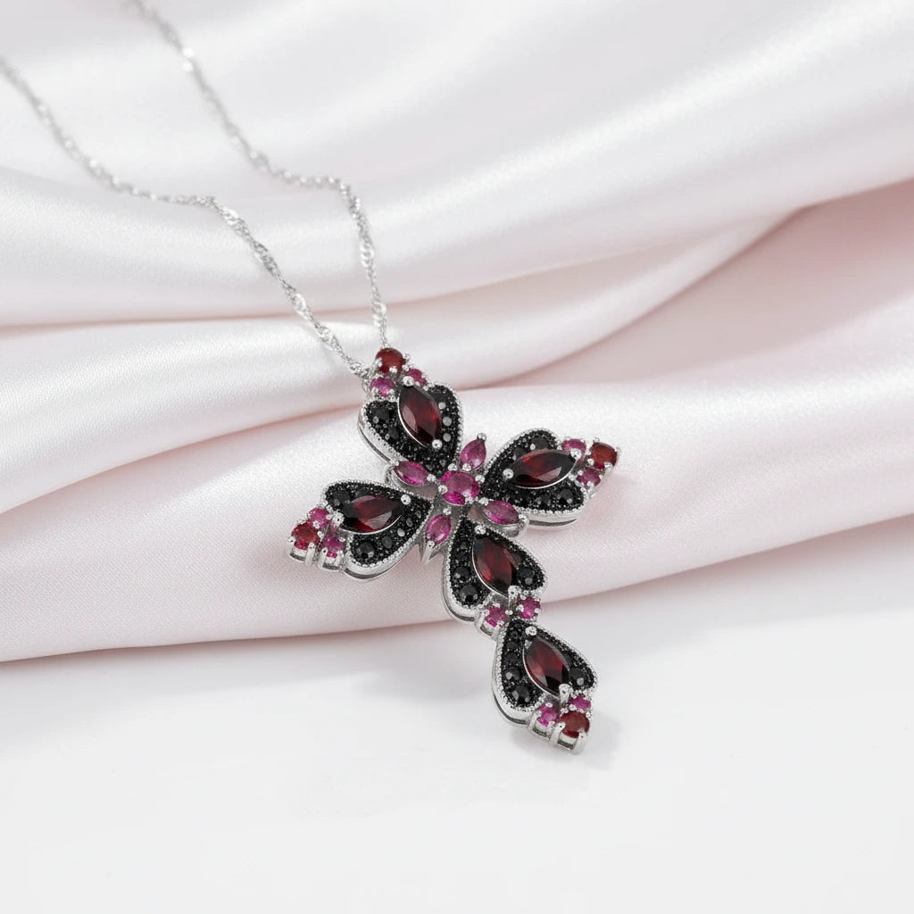 Exquisite Rhodolite Garnet Simulant & Black Spinel Simulant Cross Bohemian Pendant Necklace-Black Diamonds New York