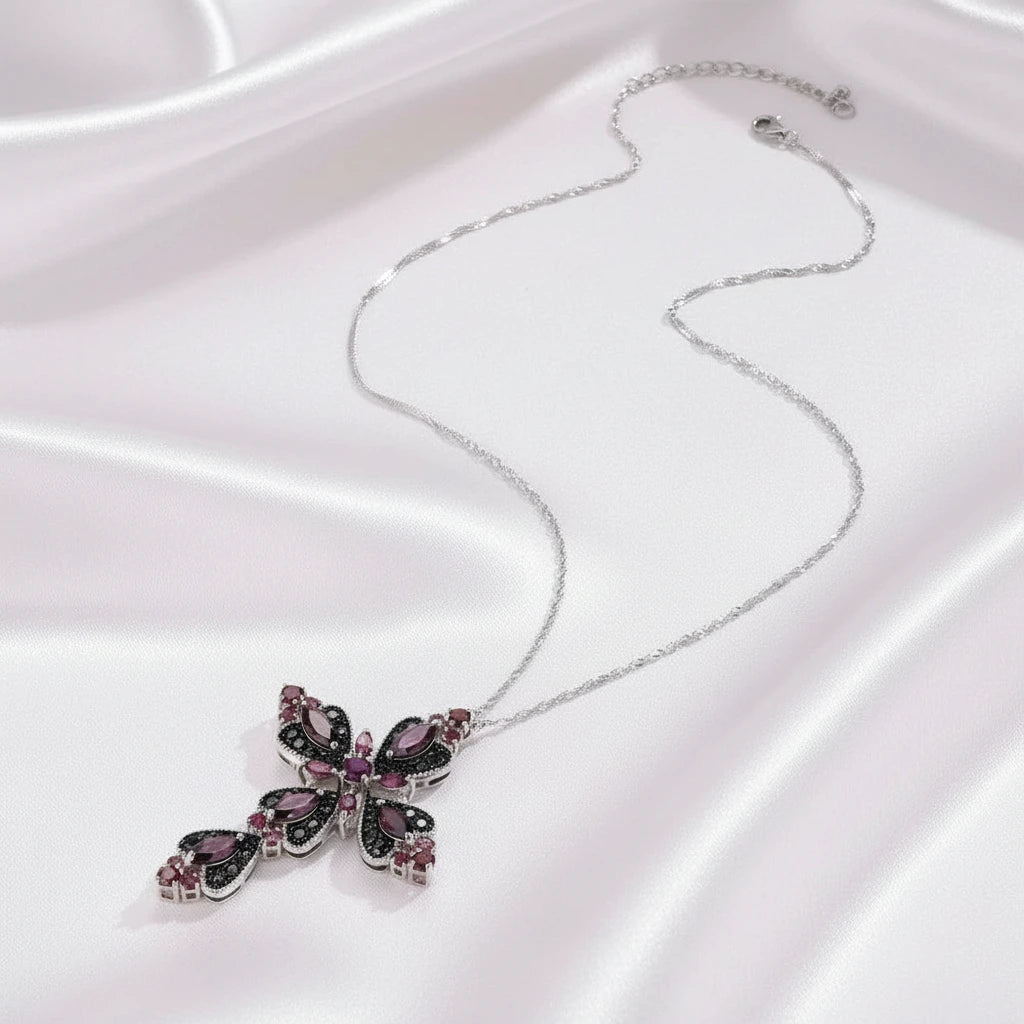 Created Rhodolite Garnet & Black Spinel Cross Bohemian Pendant Necklace-Black Diamonds New York