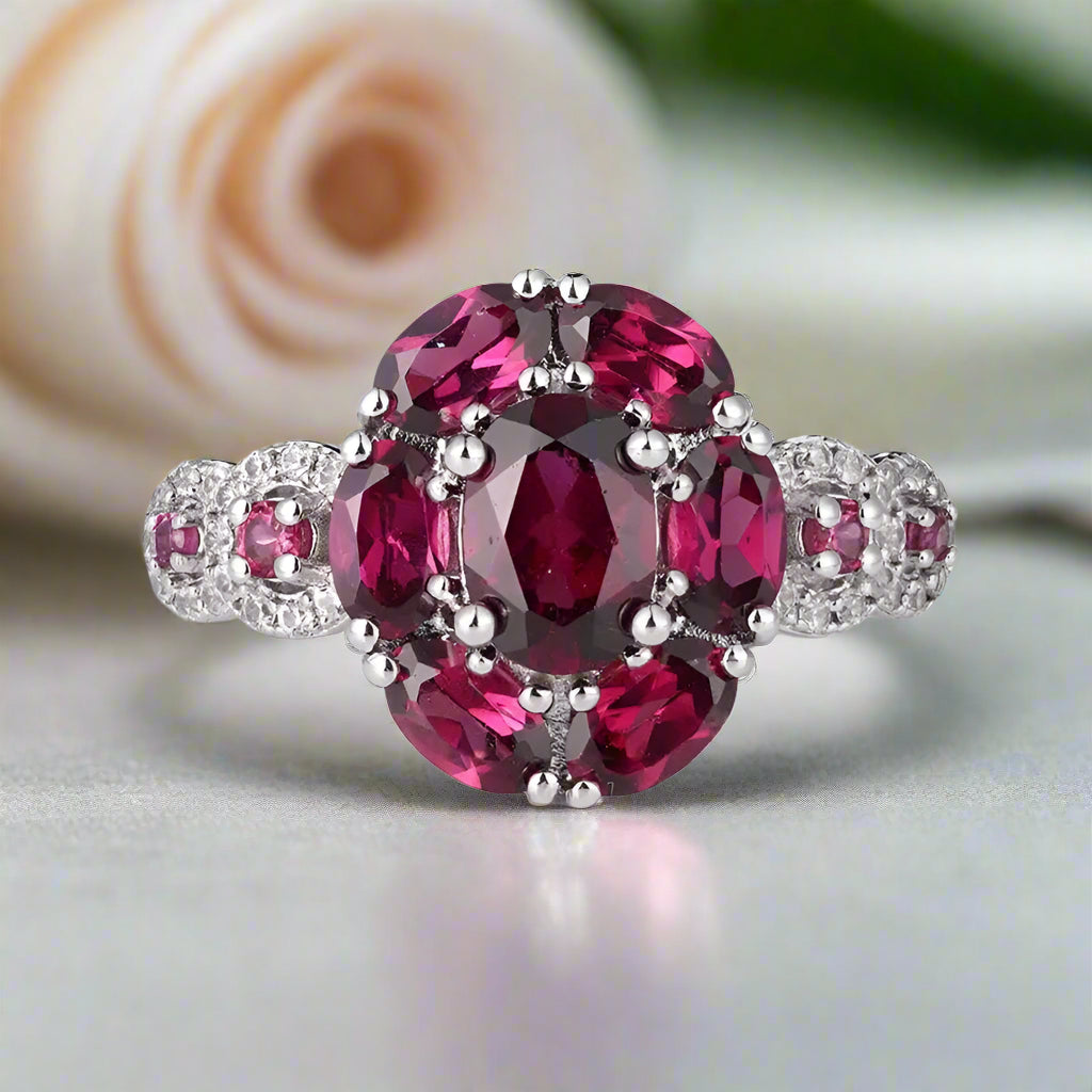 3.0 Ct Purple Garnet Gemstone Flower Ring-Black Diamonds New York