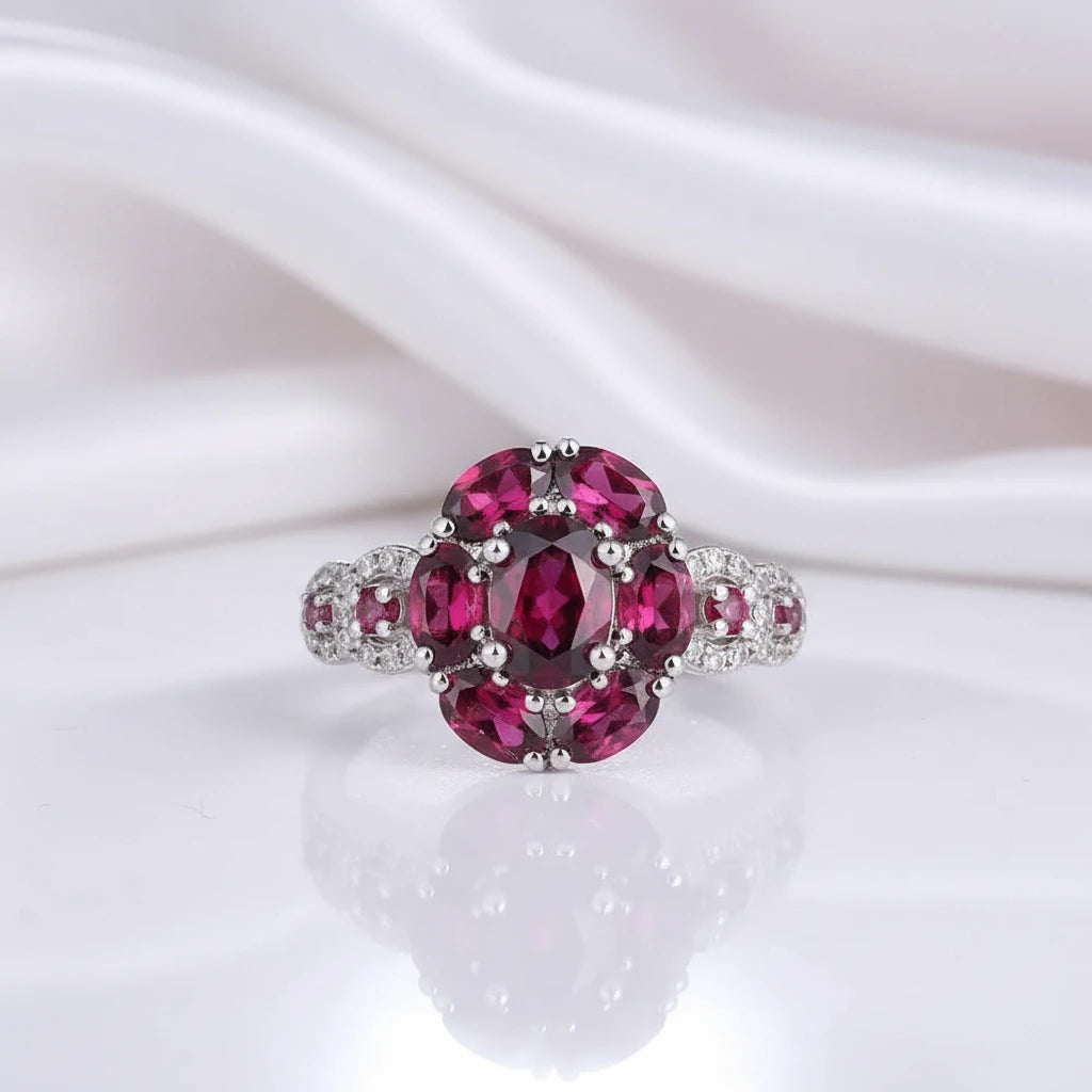 3.0 Ct Purple Garnet Gemstone Flower Ring-Black Diamonds New York