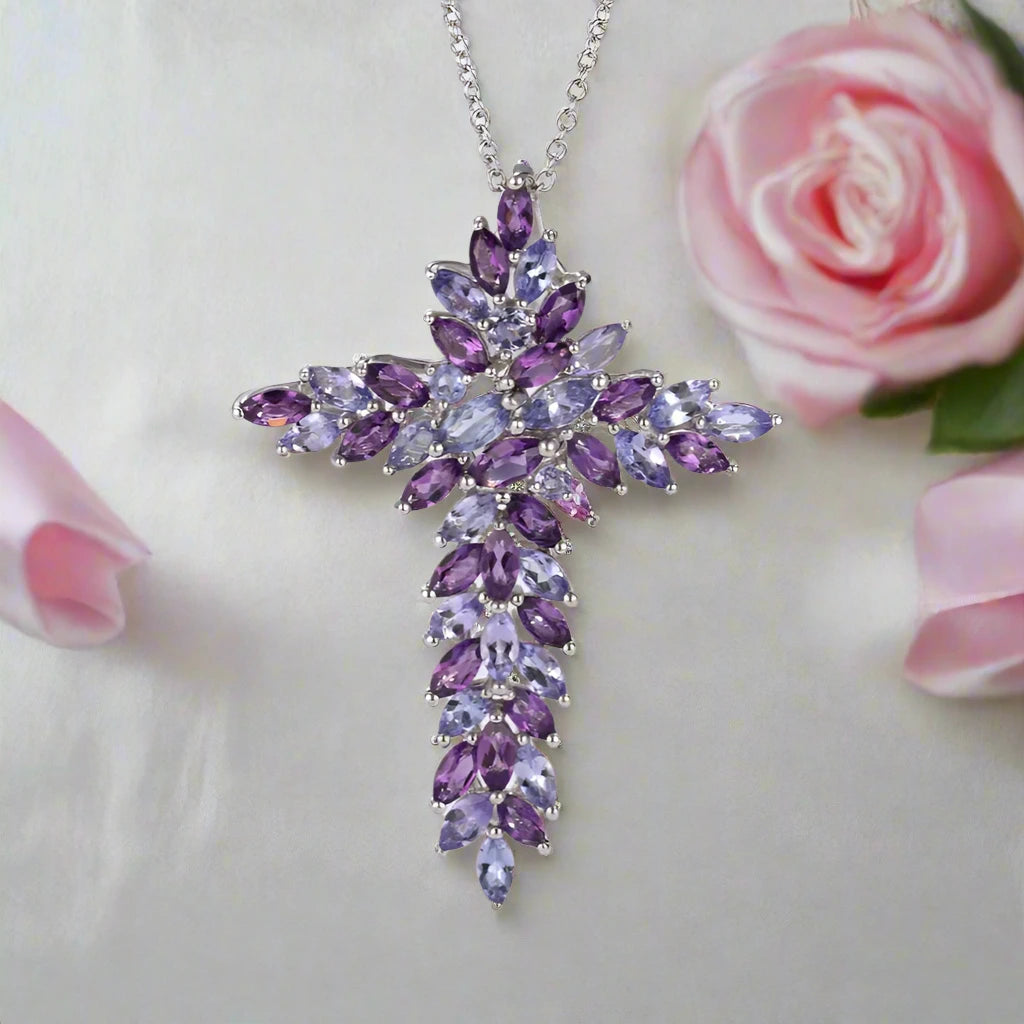 Elegant Amethyst and Tanzanite Marquise-Cut Cross Pendant Necklace-Black Diamonds New York